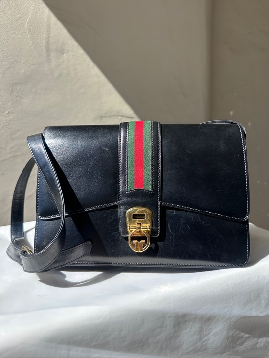 Gucci Handbags - GUCCI Vintage Black Leather Sherry Line Web Stripe Shoulder Bag